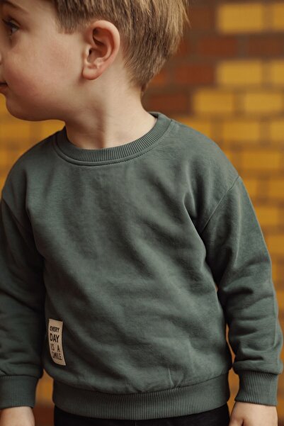Cigit Label Detailed Sweatshirt 2-10 Years Khaki Green