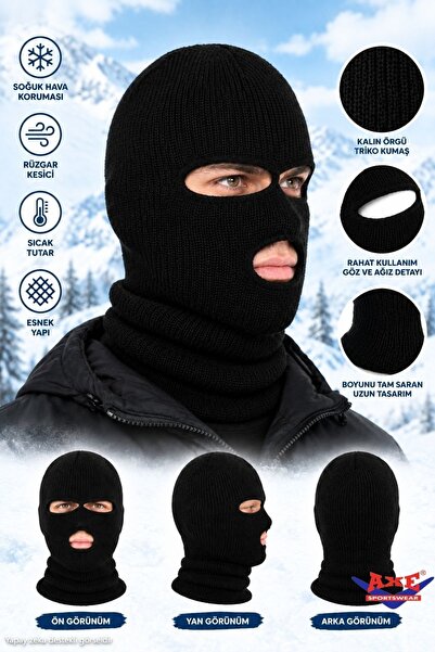 AXE SPORTSWEAR Unisex Kışlık Siyah 3 Gözlü Bere Olabilen Kar Maskesi Bere Kas...