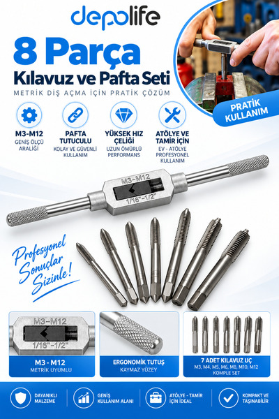 Depolife Kılavuz Ve Pafta Seti Metrik Diş Açma uçları Kılavuz Seti Pafta Tutu...