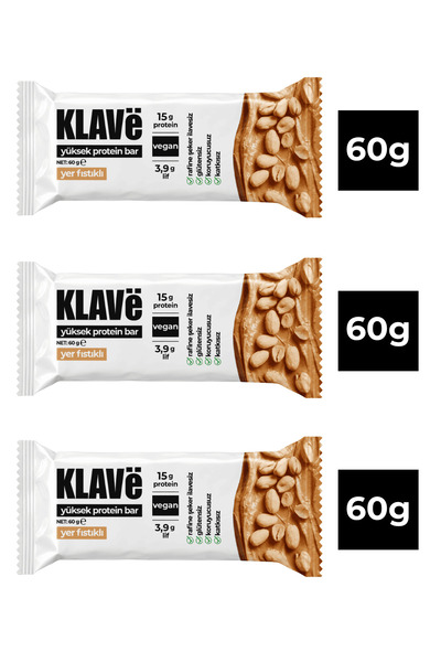 Yüksek Protein Bar Yer Fıstıklı - 60 g x 3 Adet - 15g Protein, Vegan ve Glutensiz