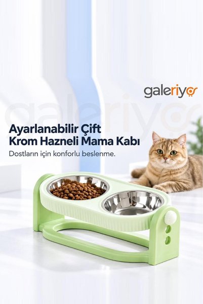 Galeriyo Ayarlanabilir Çift Krom Hazneli Mama Kabı Yeşil