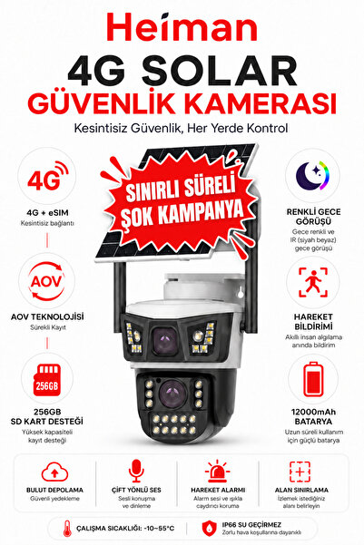 Heiman HM-850 2 Kameralı Solar PTZ 4G Sim Kartlı Kamera