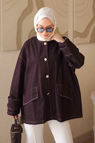 İmajButik Mürdüm Cepli Düğmeli Oversize Ceket