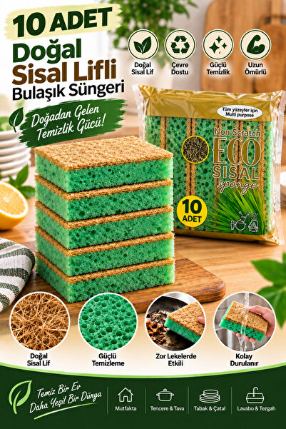 grimorlife 10 Adet Doğal Sisal Bulaşık Süngeri – Çizmez Yüzey, Ekolojik Temiz...