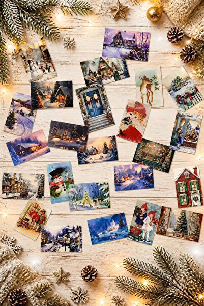 Bimotif 6lı Simli Karışık Yılbaşı Kartpostal Setleri (Kırmızı Ev, Kış Sokakla...