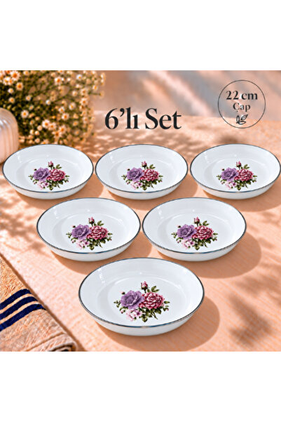 emaye market 6 LI SET Emaye Muhallebi Tabak 22 Cm Desenli Yemek Kahvaltı Taba...