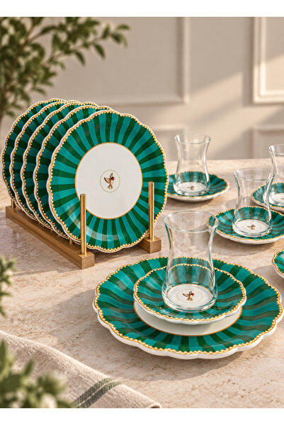 Onedekor 18 Piece Modern Piano Bird Green Cake Tea Time Set