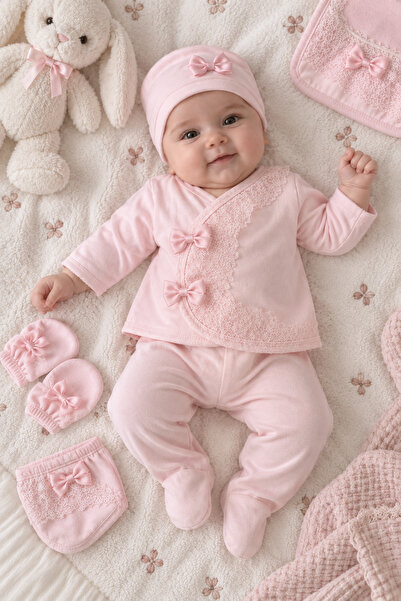 Ponpon Baby Pembe Dantelli Fırfırlı Kız Bebek Hastane Çıkış Seti 10 Parça Kız...