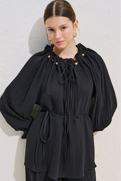 Manuka Ruched Collar Muslin Blouse Black