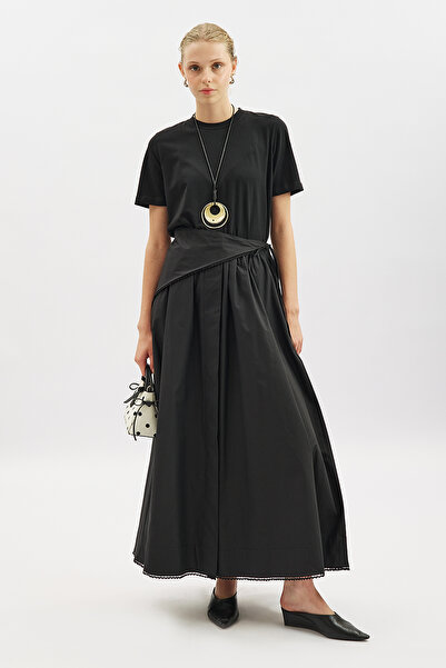Manuka Buttoned Front Poplin Skirt Black