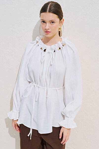 Manuka Drawstring Collar Muslin Blouse White