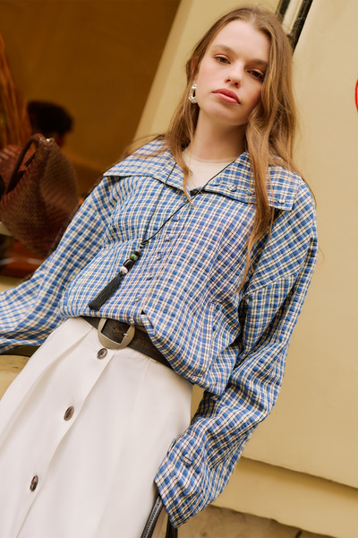 Manuka High Collar Detailed Shirt with Blue Checks