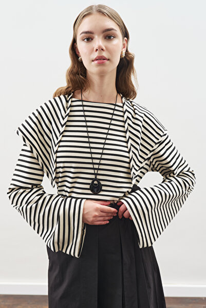 Manuka Stripe T-Shirt with Shawl Detail Black