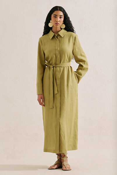 Manuka Linen Belted Shirt Dress Oil Green