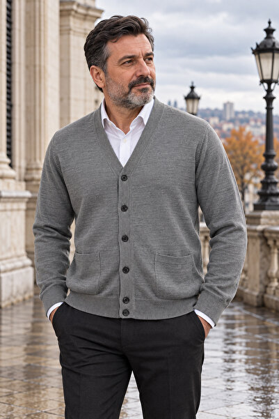 Beyome Erkek %100 Cotton V Yaka Düğmeli Hırka-Süveter Yandan Cepli Triko Günl...