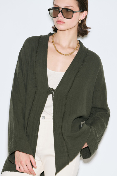 Manuka Muslin Wide Sleeve Kimono Dark Green