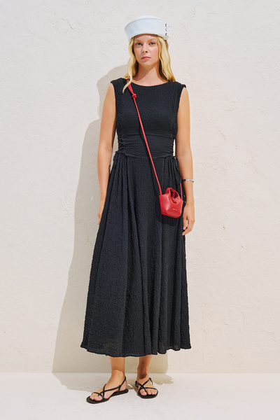 Manuka Textured Side-Tie Sleeveless Dress Black