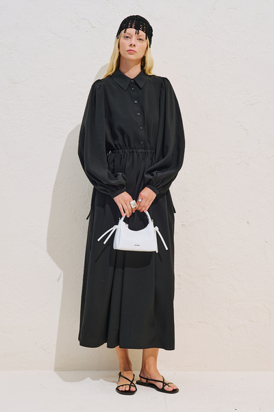 Manuka Draped Waist Adjustable Balloon Sleeve Dress Black