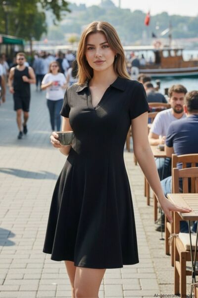 Mossta Modal Kumaş Polo Yaka Kloş Mini Elbise - Siyah
