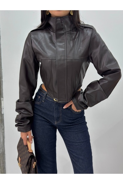 MODA DURAĞI FROZEN KADIN YENİ SEZON KORSE DETAYLI CROP DERİ CEKET Kahverengi