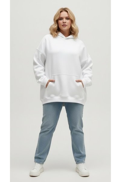 LADY HAZAL White Hooded Model Oversize Plus Size Regular Fit Unisex Large Siz...