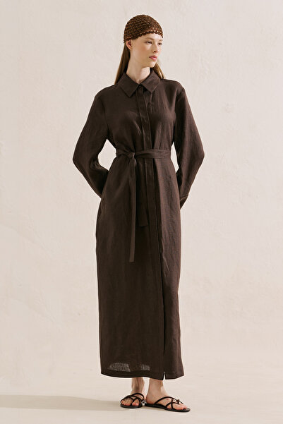 Manuka Linen Belted Shirt Dress Dark Brown