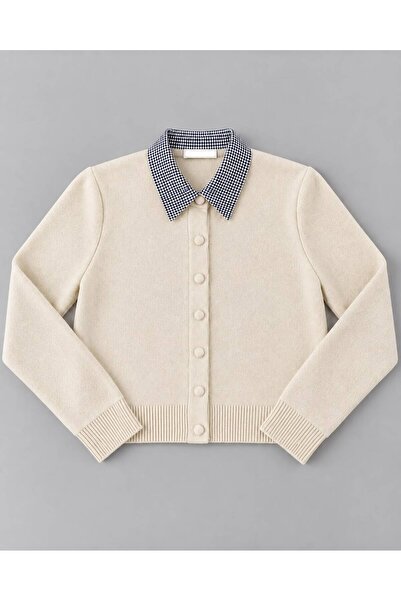 Lupies Women's Collared Fabric Detailed Buttoned Knitwear Cardigan