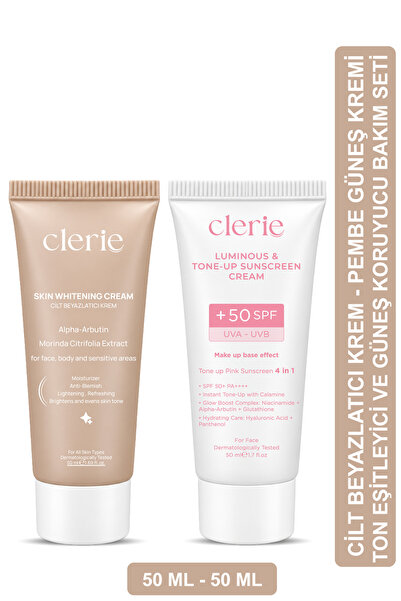 Clerie Cosmetics Cilt Beyazlatıcı Leke Karşıtı Bakım Seti - Pembe Güneş Kremi...