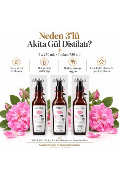 Akita ماء ورد طبيعي غير مُستخلص بالزيت 3x250 مل