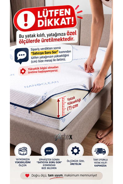 Artex Kılıf Nano 90x190 Yatak Kılıfı Koruyucusu Örtüsü Fermuarlı Kapitone Fit...
