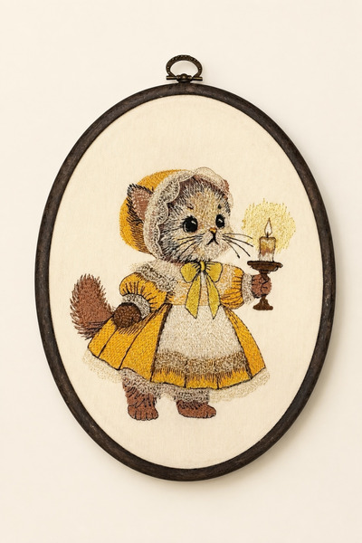 LİONYA DESİGN Ahşap Görünümlü Çerçeveli Vintage Kedi Nakışlı Tablo – 17x22 cm