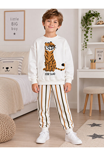 Fil Kids Erkek Çocuk Dijital Baskılı Kaplan Kedi Desenli Altı Çizgili Beyaz A...