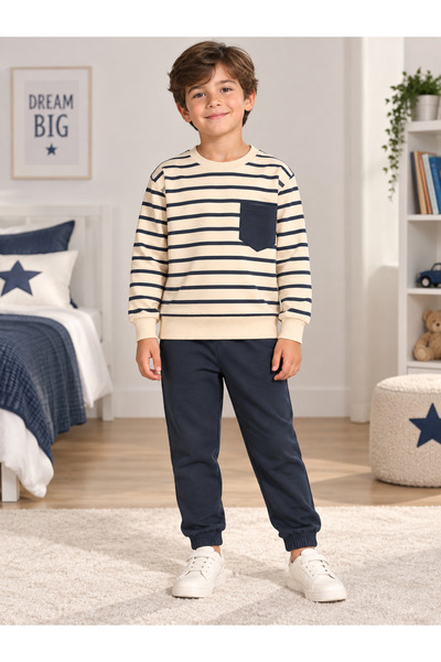 Fil Kids Erkek Çocuk %100 Pamuklu Bej Renk Füme Çizgili Uzun Kollu Cepli Kışl...