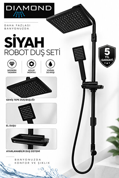 DIAMOND Siyah Robot Duş Seti – Pirinç Gövdeli | Yağmurlama Tepe Duşu | El Duş...