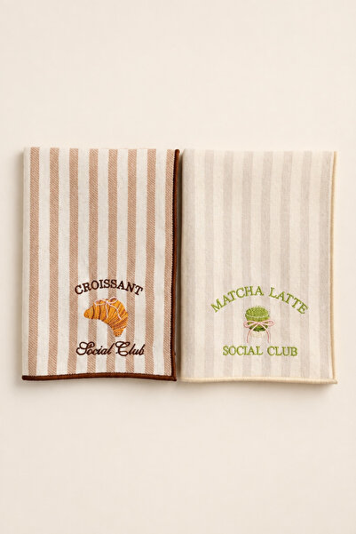 LİONYA DESİGN Matcha Latte & Kruvasan Nakışlı Dekoratif El Havlusu İkili Set ...