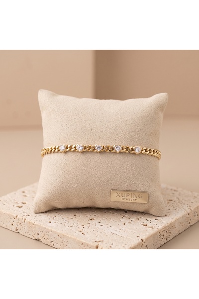 XUPING JEWELRY Vıp Seri 316L Çelik Gold Renk Zirkon Taşlı Kalp Motifli Bilekl...