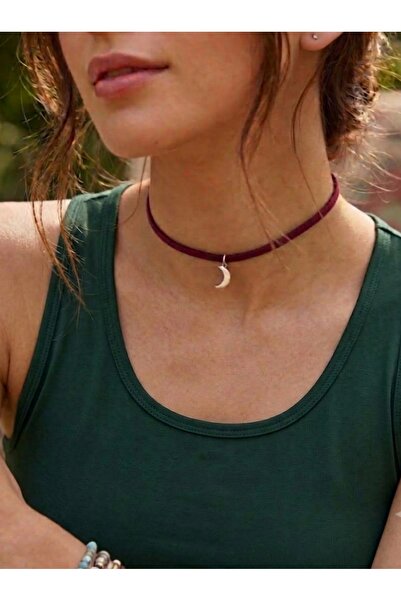 Nishstyle Gümüş Renk Ay Uçlu Bordo Güderi Choker Kolye