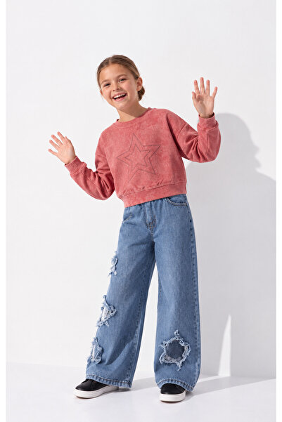 nazarbebe Kız Çocuk Pembe Sweatshirt ve Bol Paça Kot Pantolon Takımı – Günlük...