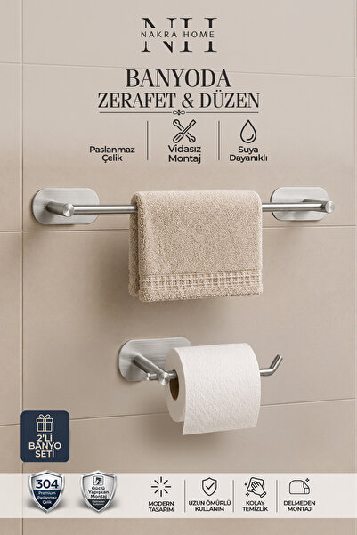 NAKRA HOME 2'li Paslanmaz Çelik Yapışkanlı Havlu Askılığı ve Tuvalet Kağıtlığ...