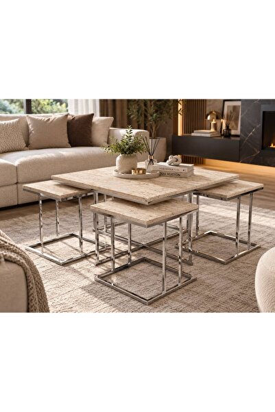 ERYALUX HOME RİO 4+1 YAVRULU GÜMÜŞ-TRAVERTEN MODERN ORTA SEHPA