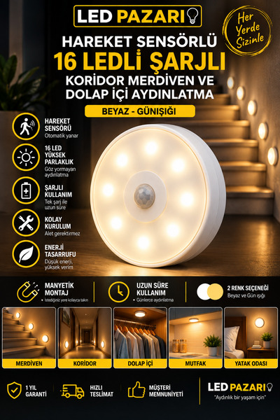 LED PAZARI Hareket Sensörlü 16 Ledli Şarjlı Koridor Merdiven ve Dolap İçi Ayd...