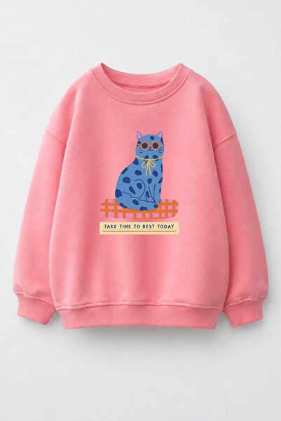 Monila Kız Çocuk 3 İplik Kumaş Pamuklu Mavi Kedi Baskılı Sweatshirt