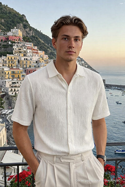 DAMGA JEANS Erkek Trend Polo Yaka Oversize Beyaz Keten Gömlek