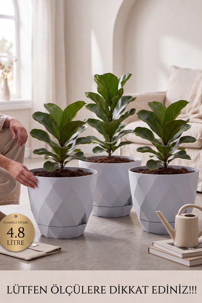 TEMMUZ HOME No4 3 Adet 4,8 Litre Prizma Desenli Tabaklı Plastik Saksı Yakamoz