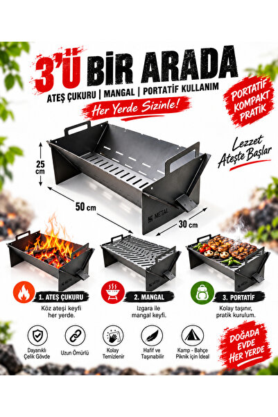 Genel Markalar Portatif Çelik Mangal 50x30 cm Katlanabilir Piknik Kamp Bahçe ...