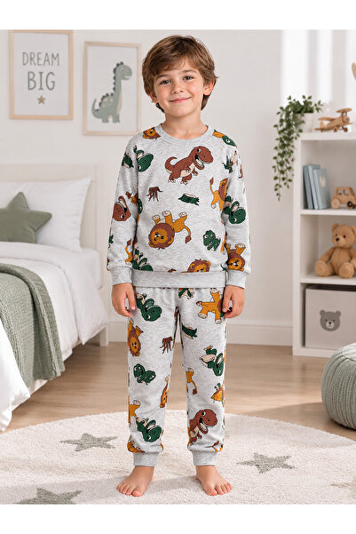 Fil Kids Boy's Cotton Raised Gray Safari Print Long Sleeve Winter Pajamas Set