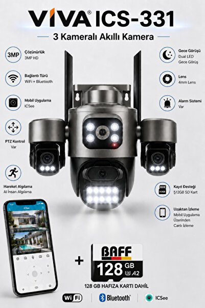 VİVA ICS-331 3 Kameralı Akıllı Dış Mekan PTZ WiFi Güvenlik Kamerası (3MP, ICS...