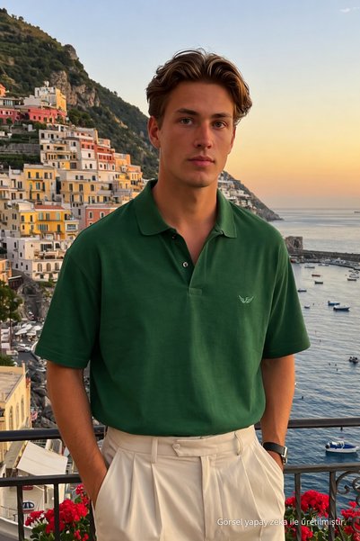 DAMGA JEANS Tricou verde cu guler polo pentru bărbați basic bumbac 100%