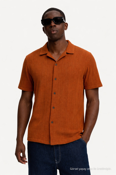 DAMGA JEANS Men's Self Patterned Stretchy Brown Casual Shirt