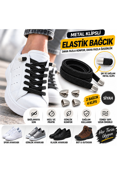 AiryFooT Metal Klipsli Elastik Ayakkabı Bağcığı 100 Cm ( 1 Çift )